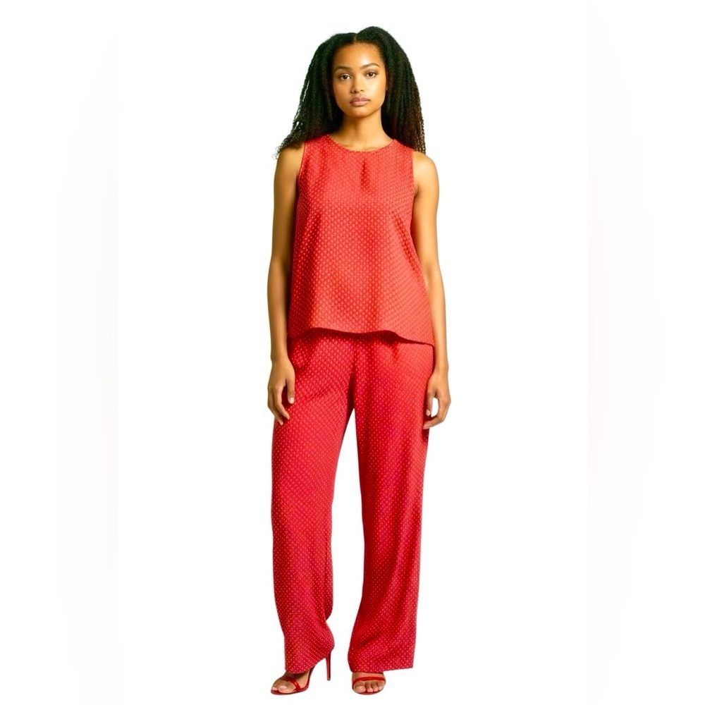 Talbots Silk 2 Piece Set Sleeveless blouse Pants Red print wide leg size 10-12